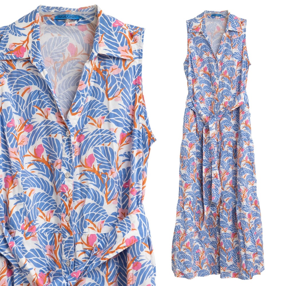 J McLaughlin Maxi Dress Sz 8 Coastal Tropical Leaf Collared Southern Resortwear